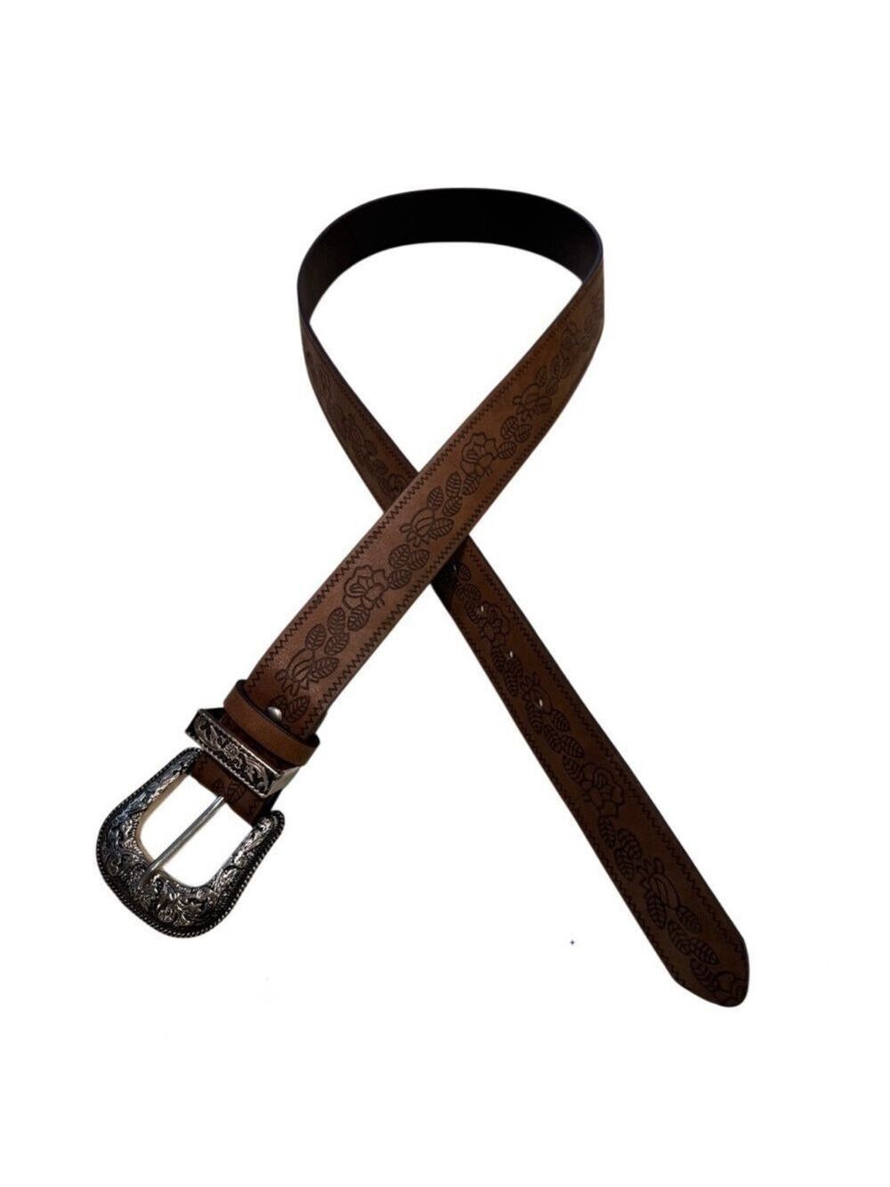 Tan Faux Leather Western Belt Silver Buckle - Picture 4 of 10